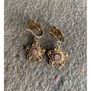 Vintage Earrings Star Stars Gold Tone Clip On Pink Tone Rhinestone